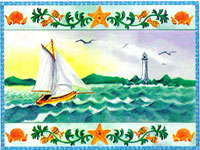 Nautical Mural, Sailboat, Lighthouse, Shells, Fish