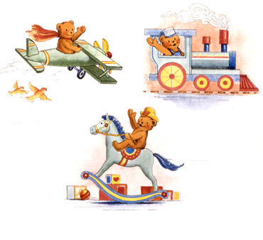 Teddy Bear, Airplane, Rocking Horse, Train