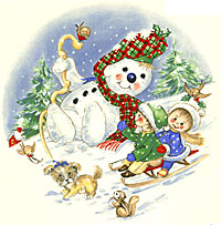 Snowman and Children on Sled