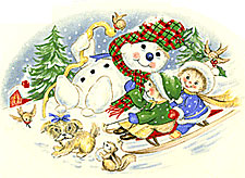 Snowman, Children on Sled - Playful