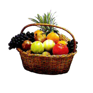 Accent Assorted Fruit Basket, apples,lemons,grapes, watermelon, pineapple,bananas