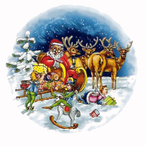 Christmas Scene with Santa & Sleigh full of Toys, Reindeer, Elf