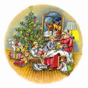Christmas Scene with Tree, Presents, Children, Story time