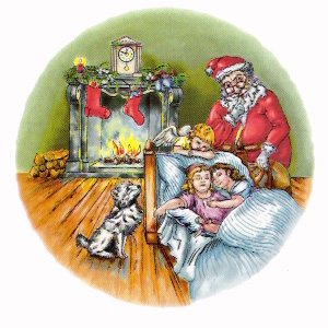 Christmas Scene with Santa, Children, Fireplace