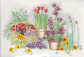 Spring Garden, Wine, Tulips, Grapes, Apples, Pansy       MURAL