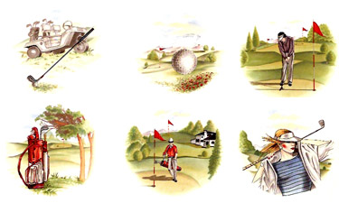 Golf Scenes - golf cart, lady, golf bag, golf ball, man