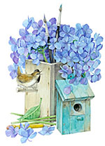Birdhouse and Hydrangeas