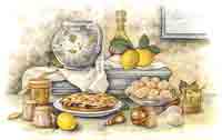 Lemon Cookies Mural,  Pitcher, Wooden Spoons, Wine. Bundt Pan