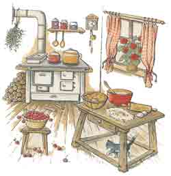 COUNTRY KITCHEN - CHERRIES, VINTAGE STOVE