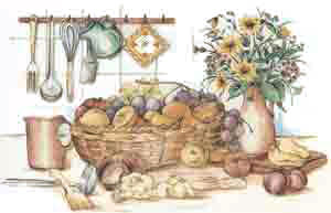 Kitchen Mural, Grapes, Kitchen Utensils, Lemons, Oranges, Flowers