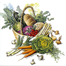 Vegetable Basket, Carrot, Mushrooms, Onions, Lettuce, Bread, Radish, Turnips