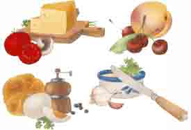 Vegetables Bits,Tomatoe, Mushroom, Egg, Cheese, Garlic, Bread, Peach, Cherry