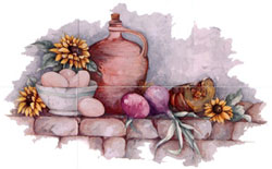 Country Market Mural Pottery Jug, Sunflower, Eggs, Onions Cantelope