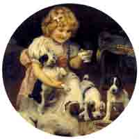 Girl Having a Tea Party with Puppies