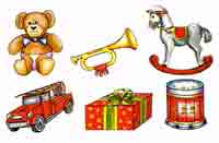 Christmas Bits - Teddy Bear, Rocking Horse, Fire Truck, Gift, Horn, Drum