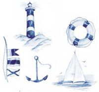 Blue Delft Nautical Bits - Set of 5 - Life Saver, Anchor, Ship, Flags, Lighthouse