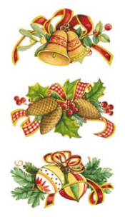 CHRISTMAS SET 3 PIECE WITH RIBBON AND PINECONES, ORNAMENTS, BELLS, HOLLY