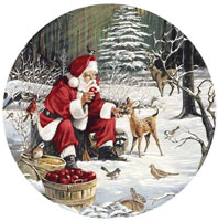 Santa Winter Scene with deer, apples, birds, rabbit,