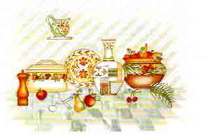 Kitchen Dishes  with Fruit  Mural with Bright Gold