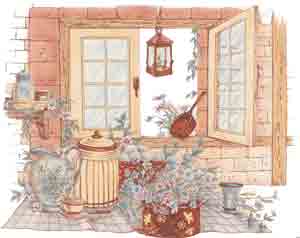 Farm Living Kitchen Mural, Window, Crock, Pitcher, Flowers