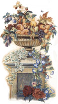 Fruit and Floral Urn, Roses, Ivy, Blue Morning Glories, Peach, Apple, Pear, Lemon, Grapes