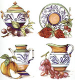 Blue Pottery and Fruit, Strawberry, Blackberry, Apple and Grapes Set of 4