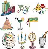 Happy New Year Celebration, Champagne, Mask, Martinis, Clock, Candle, Cake, Presents, Hats