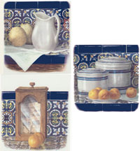Blue Pottery and  Fruit Set - Grapes, Apples, Pears