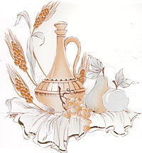 Bright Gold and Platinum with Wheat  Decanter with Peach, Pear and Grapes