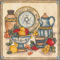 Fiesta Fruit Mural Lemons, Apples, Strawberries, Blue Pottery