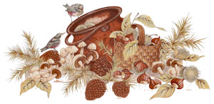 Birds, Copper Kettle, Basket, Acorns, Mushroom Mural