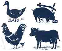 BLUE FARM ANIMALS -  COW, DUCK, ROOSTER, PIG