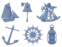 Blue Ship, Anchor, Lantern, Bell, Wheel