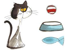 Tall Cat with Bits (Ball, Fish, Bowl)