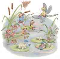 Children Playing at the Pond, Fishing, Dragon Fly, Water Lily