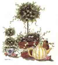 Topiary with Eggs in Birdnest and Yellow/White Teapot Bit