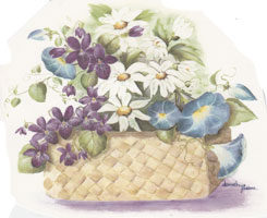 Spring Basket of Daisies, Morning Glories and Violets